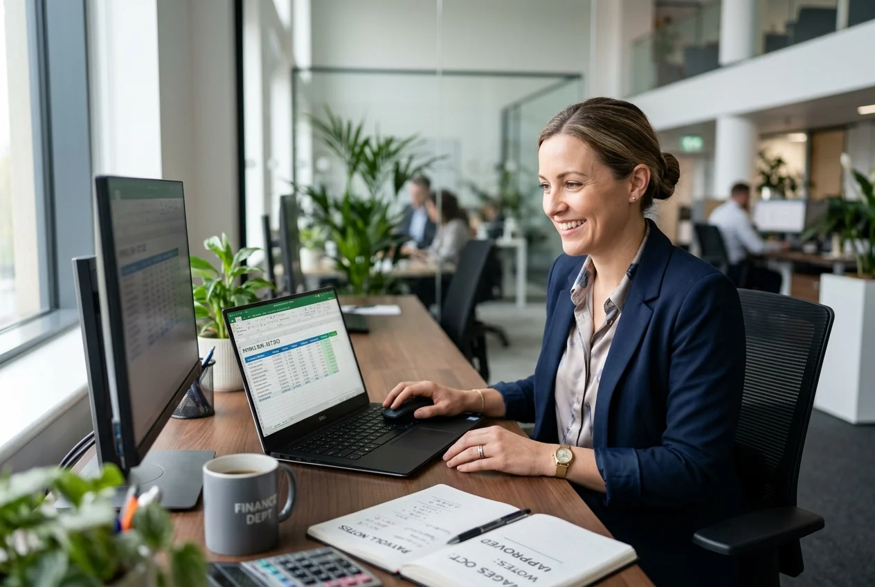 Payroll specialist approving wages and timesheets on a laptop in modern office