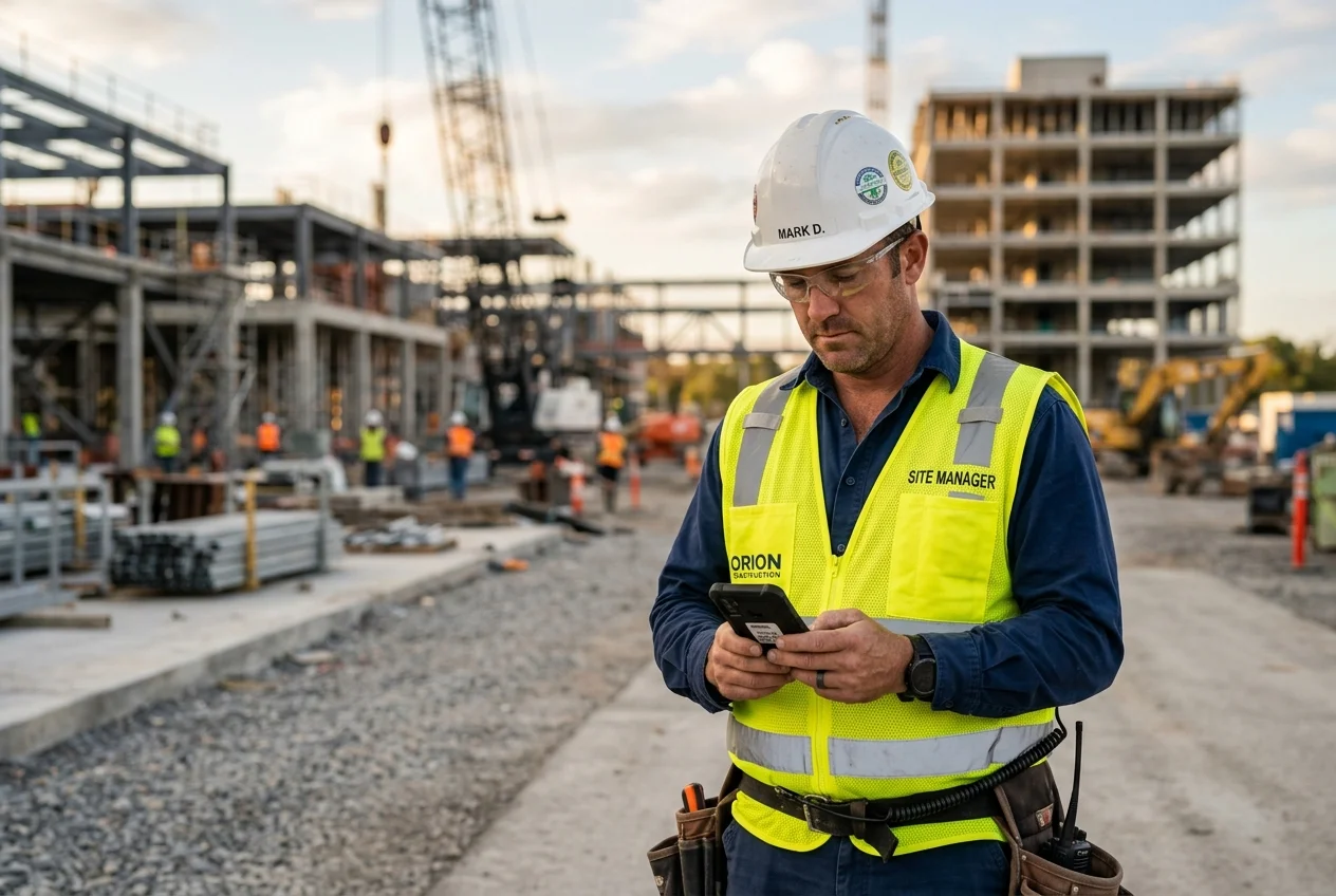 Construction safety supervisor holding a smartphone and verifying checklist audits on job site