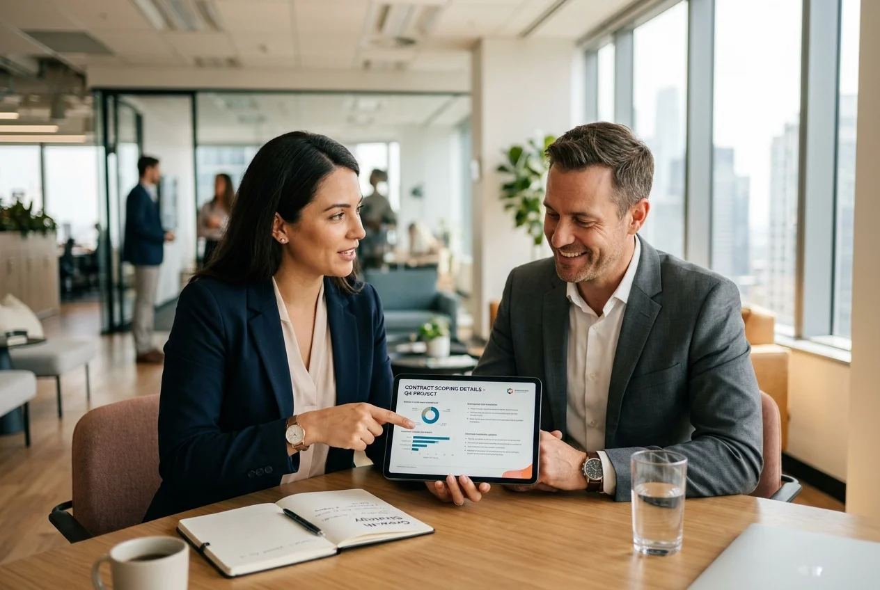 Sales representative and client discussing contract scoping details on a tablet in office