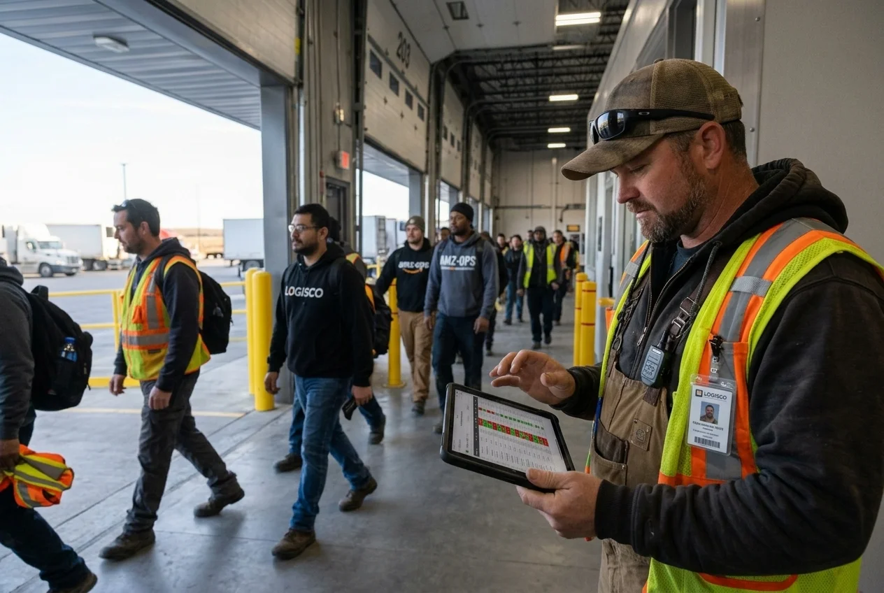 Operations supervisor monitoring verified shift attendance on tablet at industrial facility entrance